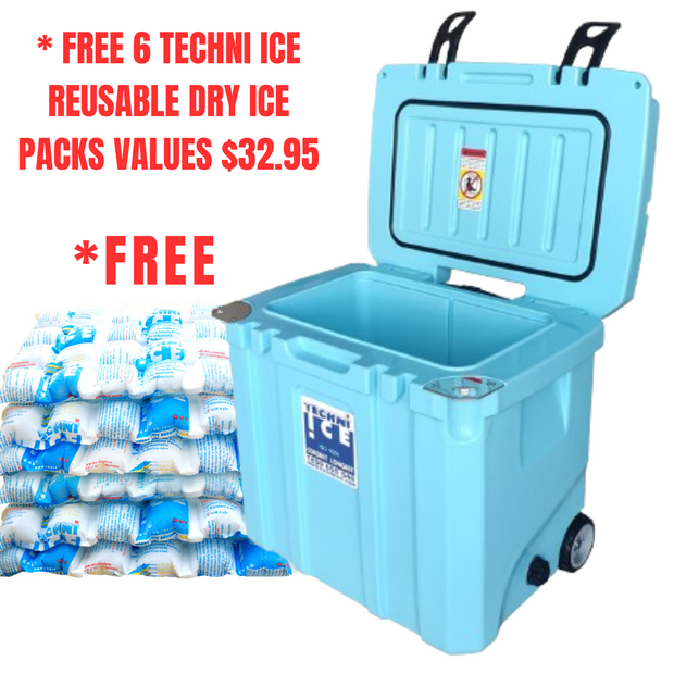 Techni Ice Signature Hybrid Premium Ice Box 35L Light Blue Wheels with Wheels & Telescopic Travel Handle *FREE 6 REUSABLE DRY ICE PACKS VALUES $32.95 *PRE-ORDER NOW FOR OCTOBER DISPATCH