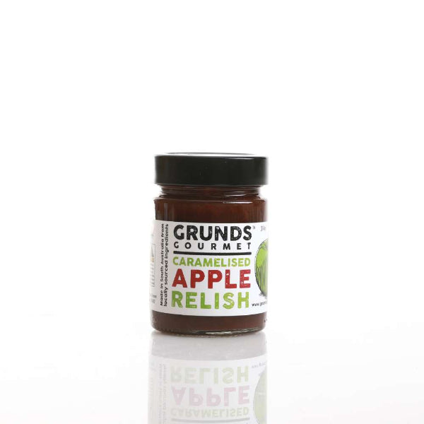 Jar of Grunds Gourmet Caramelised Apple Relish on a white background