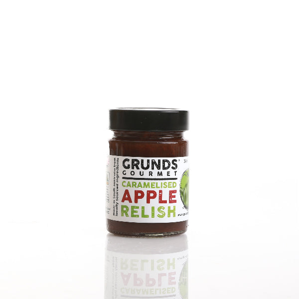 Jar of Grunds Gourmet Caramelised Apple Relish on a white background