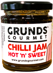 Jar of Grunds Gourmet Chilli Jam Hot 'n' Sweet with a black lid on a white background