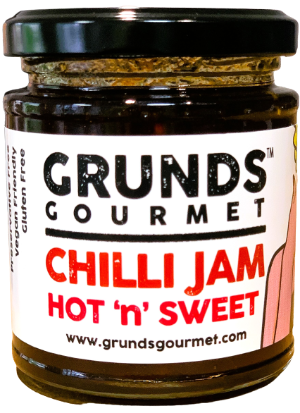 Jar of Grunds Gourmet Chilli Jam Hot 'n' Sweet with a black lid on a white background