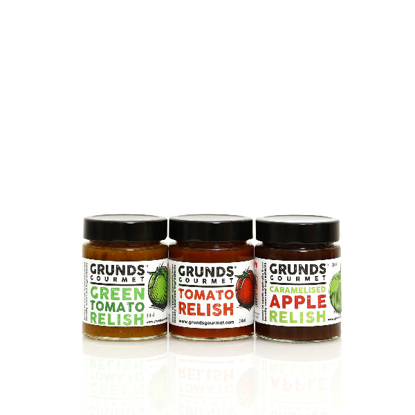 Three jars of Grunds Gourmet relish on a white background