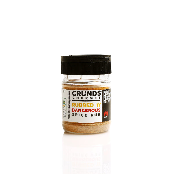 Jar of Grunds Gourmet Rubbed 'N Dangerous Spice Rub on a white background