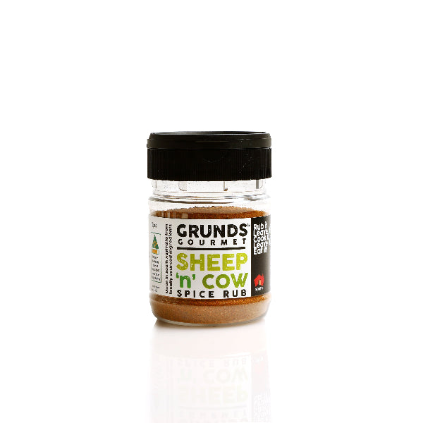 Jar of Grunds Gourmet Sheep 'n' Cow Spice Rub on a white background
