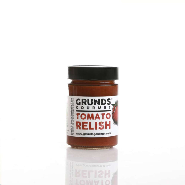 Jar of Grunds Gourmet Tomato Relish on a white background
