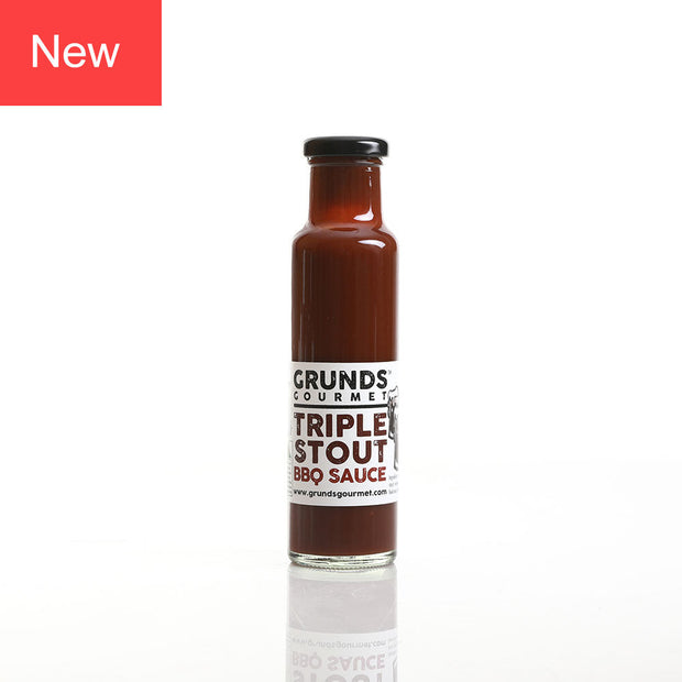 Bottle of Grunds Gourmet Triple Stout BBQ Sauce on a white background
