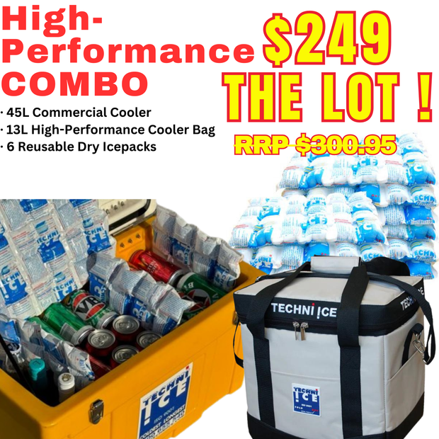 High-Performance COMBO - 45L Commercial Travel Chill Icebox + 13L High Performance Cooler Bag + 6 Ice Packs