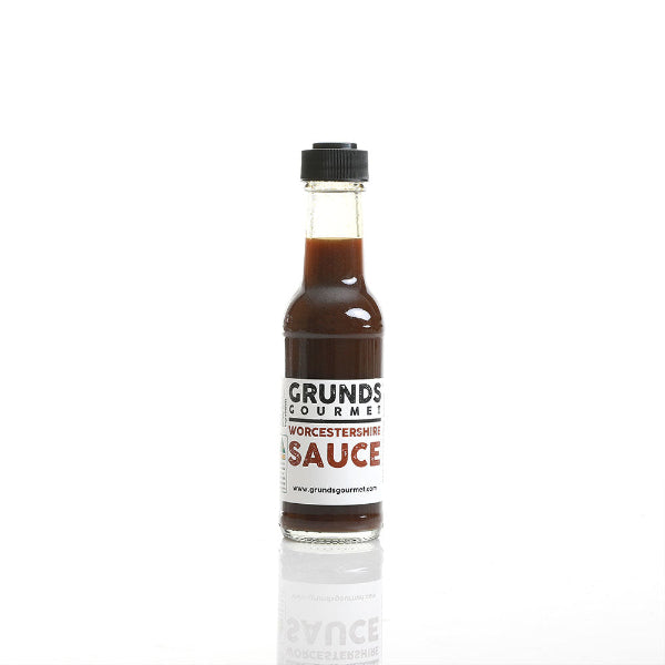 Bottle of Grunds Gourmet Worcestershire Sauce on a white background