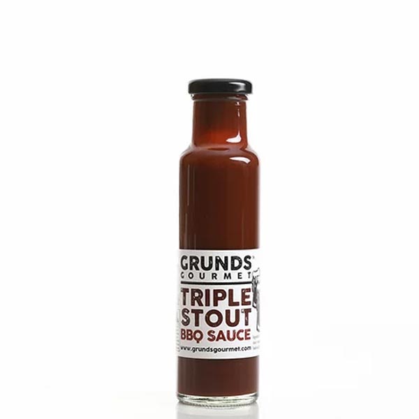 Bottle of Grunds Gourmet Triple Stout BBQ Sauce on a white background