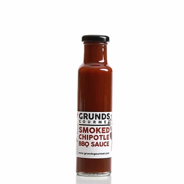 Bottle of Grunds Gourmet Smoked Chipotle BBQ Sauce on a white background