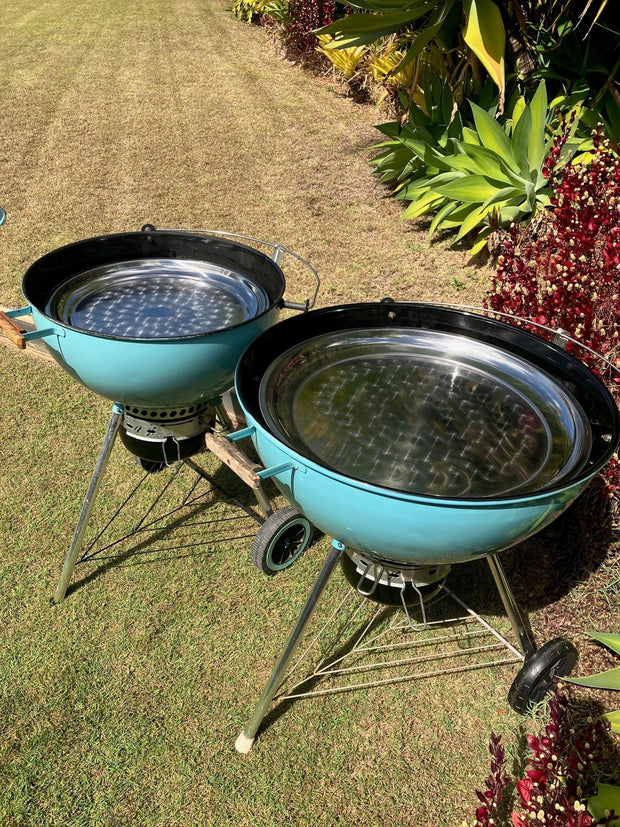 Two turquoise grills on a grassy area with plants in the background